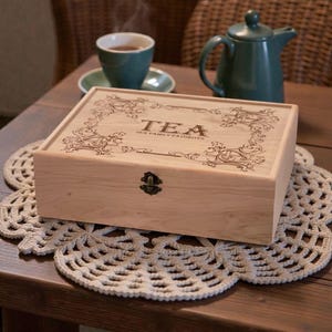 All Natural Wood Tea Box, Personalized Custom Engraved Tea Bag Organizer, Keepsake Storage Chest image 6