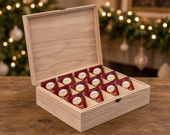 Engraved Wooden Tea Chest with 12 Compartments, Oak, Maple or Cherry
