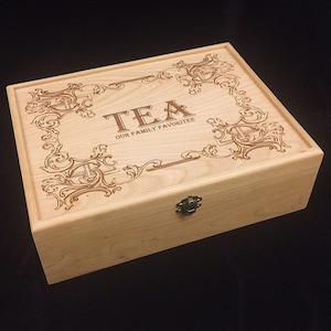 Unfinished Wooden Tea Box: Engravable Oak, Maple, Cherry, 12 Compartments