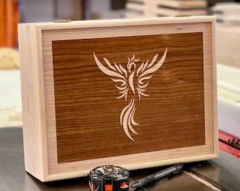Handmade Wooden Tea Box: Phoenix Rising Engraving, 12 Compartment