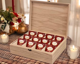 Personalized Rustic Wood Tea Box: Custom Tea Organizer, 12 Compartments