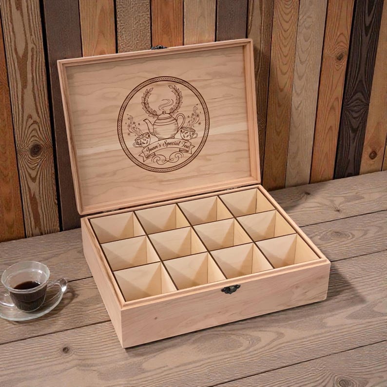All Natural Wood Tea Box, Personalized Custom Engraved Tea Bag Organizer, Keepsake Storage Chest image 8