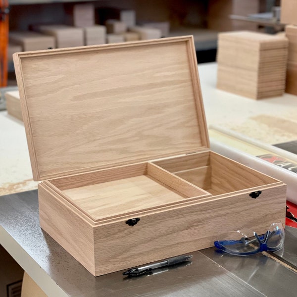 Extra Large Unfinished Wood Box with Lid & Tray |  Engravable Wooden Box | Personalized | Handcrafted Wood Storage Box | (Box Shown in Oak)