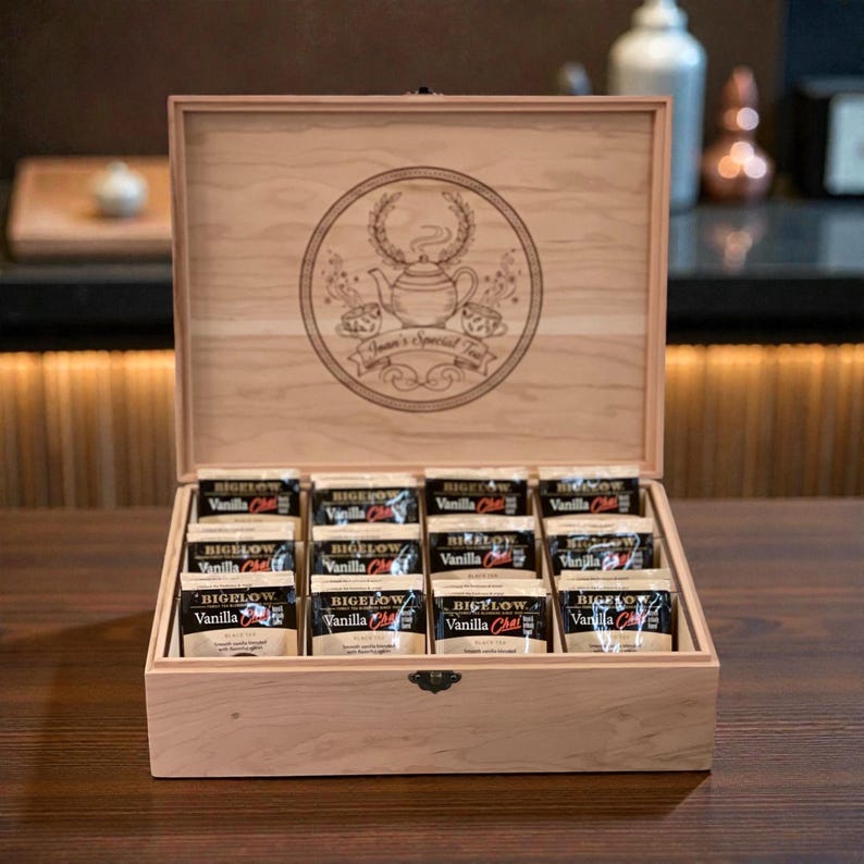 All Natural Wood Tea Box, Personalized Custom Engraved Tea Bag Organizer, Keepsake Storage Chest image 5