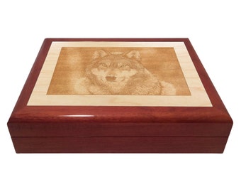 Custom Engraved Wooden Box with Wolf engraving