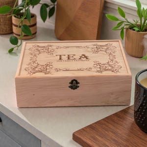 All Natural Wood Tea Box, Personalized Custom Engraved Tea Bag Organizer, Keepsake Storage Chest image 9