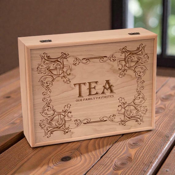 All Natural Wood Tea Box, Personalized Custom Engraved Tea Bag Organizer, Keepsake Storage Chest