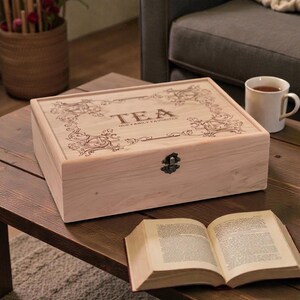 All Natural Wood Tea Box, Personalized Custom Engraved Tea Bag Organizer, Keepsake Storage Chest image 7