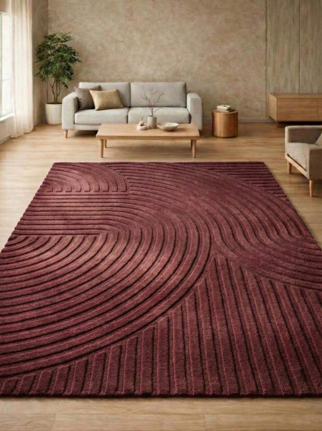 Bugundy Check Rug Modern Burgundy Tufted Rug, Rug for Living Room, Bedroom Decor ...