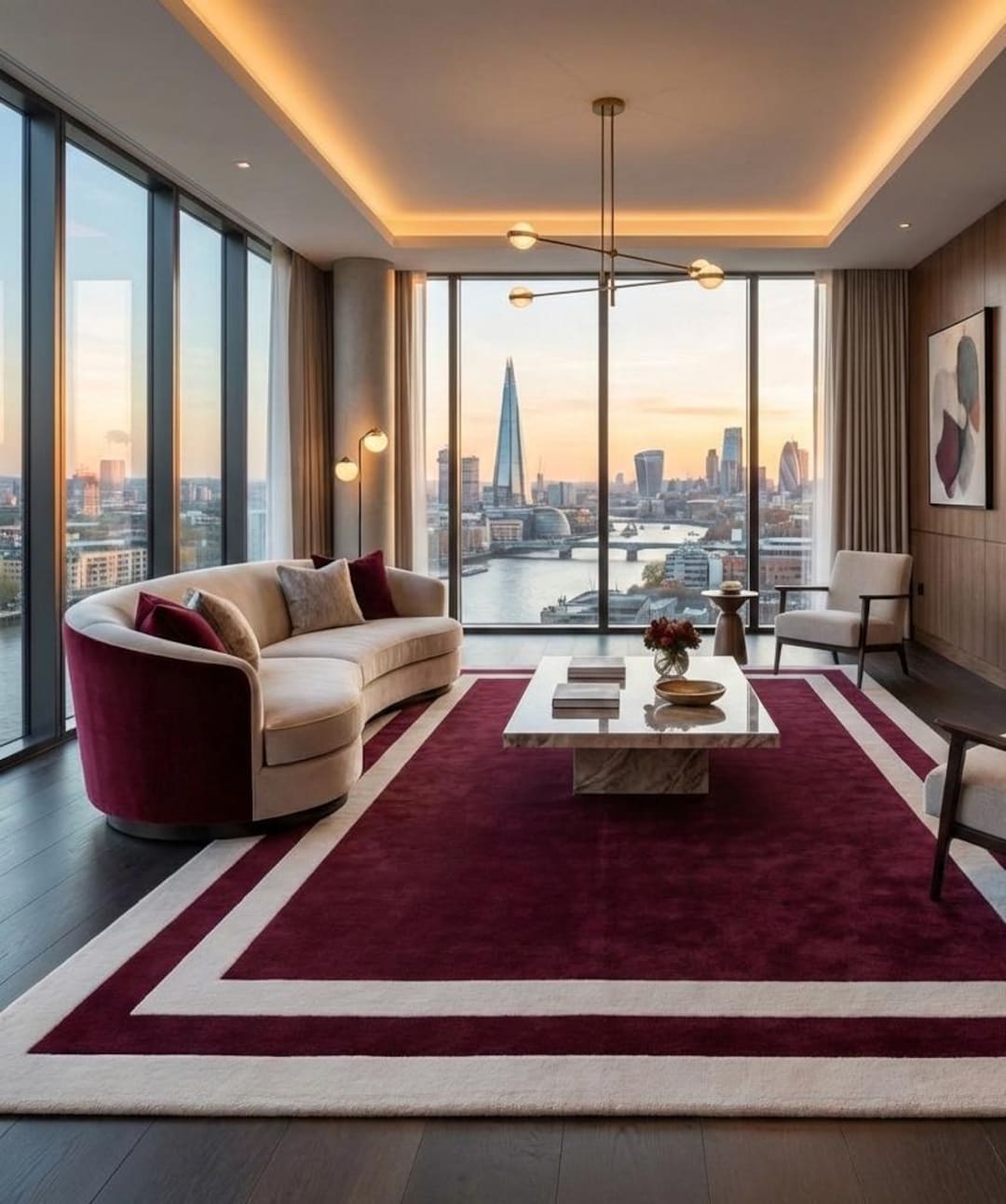 Luxury Burgundy Area Rug With Cream Border – Modern Plush Carpet for ...