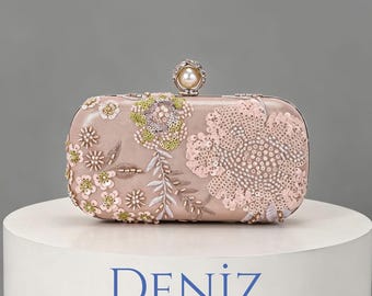 Floral Sequin Embroidered Beaded Pink Evening Clutch