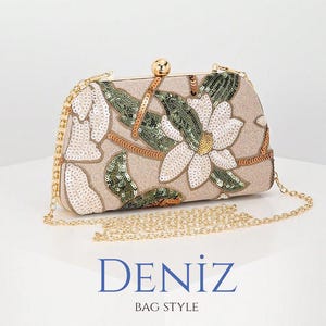 Green Leaf and Flower Patterned Crossbody Women's Bag
