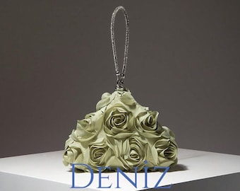 Khaki Rose Puled Mini Wallet HandBag, Bridal Party Bag For Women