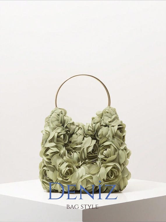 Rose Patterned Khaki Green Handbag