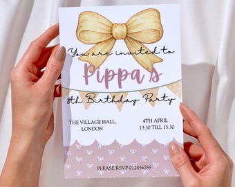 Bow Birthday Party Invitation, A6 kids Party Invite