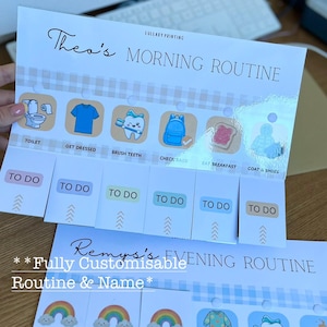 fully customisable children’s routine morning and evening chart with flip design when task is done. gingham print with chosen themes such as unicorns, dinosaurs, space, fairies, princesses, pastel colours, horses, rainbows, football, trucks, cars. kids routine great for back to school and morning organisation