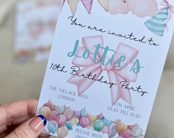 Bow Party Invitation, A6 kids Party Invite