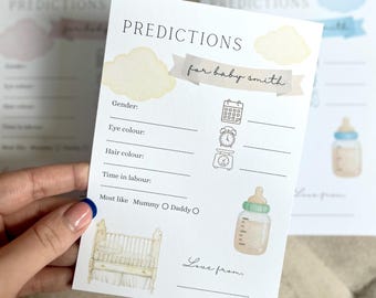 Könnte beinhalten: Babyparty-Vorhersagekarten mit Aquarellillustrationen eines Kinderbetts, einer Babyflasche und Wolken. Die Karten bieten Platz, um Vorhersagen für das Geschlecht, die Augenfarbe, die Haarfarbe und die Geburtszeit des Babys zu notieren.