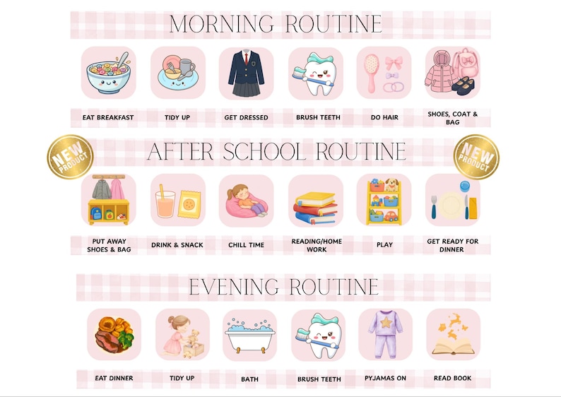 May include: A routine chart featuring three sections: Morning, After School, and Evening. Each section contains illustrated icons with labels like Eat Breakfast, Tidy Up, Get Dressed, Brush Teeth, Do Hair, Shoes, Coat & Bag, Drink & Snack, Chill Time, Reading/Homework, Play, Get Ready for Dinner, Eat Dinner, Bath, Pyjamas On, and Read Book.