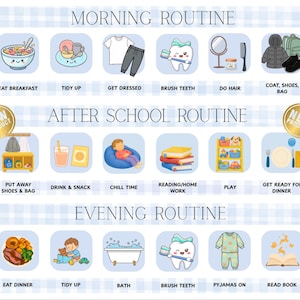 May include: A visual routine chart featuring three sections: Morning, After School, and Evening. Each section contains illustrated icons with labels like Eat Breakfast, Tidy Up, Get Dressed, Brush Teeth, Do Hair, Coat, Shoes, Bag, Put Away Shoes & Bag, Drink & Snack, Chill Time, Reading/Homework, Play, Get Ready for Dinner, Eat Dinner, Bath, Pyjamas On, and Read Book.