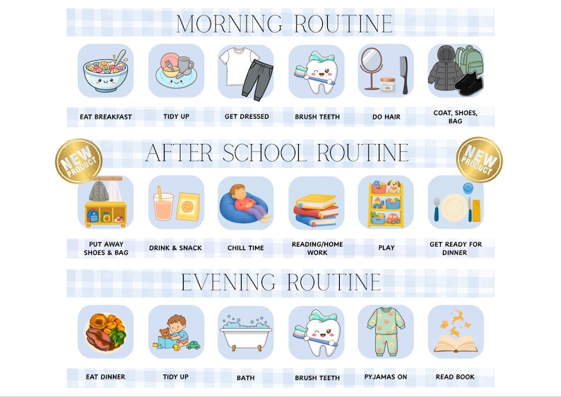 May include: A visual routine chart featuring three sections: Morning, After School, and Evening. Each section contains illustrated icons with labels like Eat Breakfast, Tidy Up, Get Dressed, Brush Teeth, Do Hair, Coat, Shoes, Bag, Put Away Shoes & Bag, Drink & Snack, Chill Time, Reading/Homework, Play, Get Ready for Dinner, Eat Dinner, Bath, Pyjamas On, and Read Book.