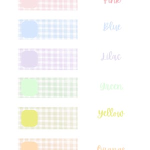 May include: A color chart titled Colour Options featuring six horizontal rectangular swatches with a gingham pattern in pink, blue, lilac, green, yellow, and orange. Each swatch includes a solid rounded square of the corresponding color.