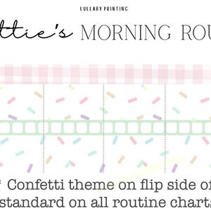 May include: A routine chart titled Lottie's MORNING ROUTINE by LULLABY PRINTING. The chart features a pink gingham border, a white background with colorful confetti sprinkles, a light green tab row, and a yellow tab reading YOU DID IT!