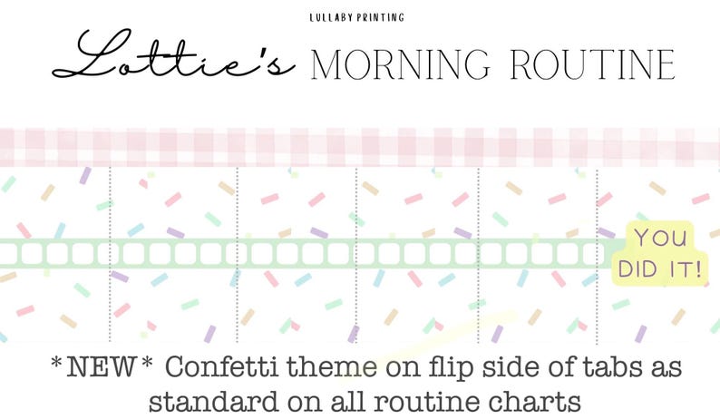 May include: A routine chart titled Lottie's MORNING ROUTINE by LULLABY PRINTING. The chart features a pink gingham border, a white background with colorful confetti sprinkles, a light green tab row, and a yellow tab reading YOU DID IT!