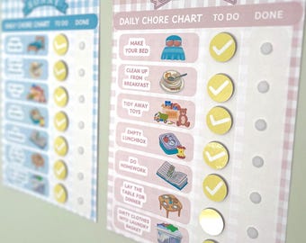 May include: Two children's chore charts are displayed. The chart for "Lottie" has a pink gingham border and includes tasks like "Make Your Bed" and "Do Homework." The "Sonny" chart has a blue gingham border. Both charts have checkmark stickers.