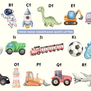 May include: A collection of watercolor illustrations labeled A1 through R1, featuring a moon, astronaut, rocket, dinosaur, excavator, fire truck, boat, dump truck, train, soccer ball, stegosaurus, police car, lighthouse, bulldozer, tractor, and airplane.