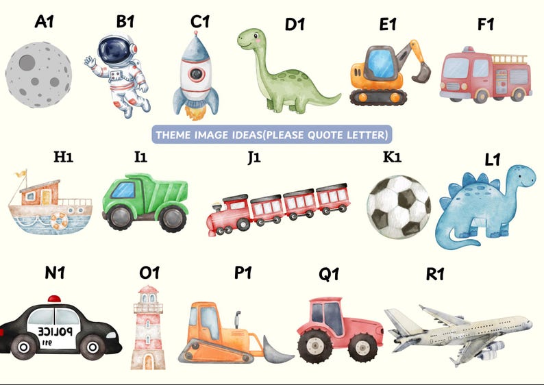 May include: A collection of watercolor illustrations labeled A1 through R1, featuring a moon, astronaut, rocket, dinosaur, excavator, fire truck, boat, dump truck, train, soccer ball, stegosaurus, police car, lighthouse, bulldozer, tractor, and airplane.
