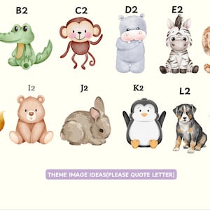 May include: A collection of twelve watercolor-style animal illustrations labeled A2 through M2, including a giraffe, crocodile, monkey, hippo, zebra, lion, fox, bear, rabbit, penguin, dog, and cat, with the text THEME IMAGE IDEAS(PLEASE QUOTE LETTER).