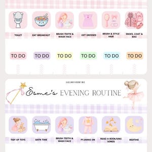 May include: A printable routine chart set titled Esme's Morning Routine and Esme's Evening Routine by Lullaby Printing. The charts feature illustrated icons for daily tasks like brushing teeth, getting dressed, and bedtime, with blank to-do boxes.