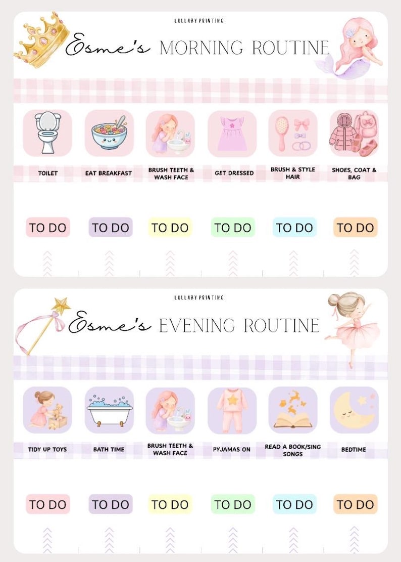 May include: A printable routine chart set titled Esme's Morning Routine and Esme's Evening Routine by Lullaby Printing. The charts feature illustrated icons for daily tasks like brushing teeth, getting dressed, and bedtime, with blank to-do boxes.