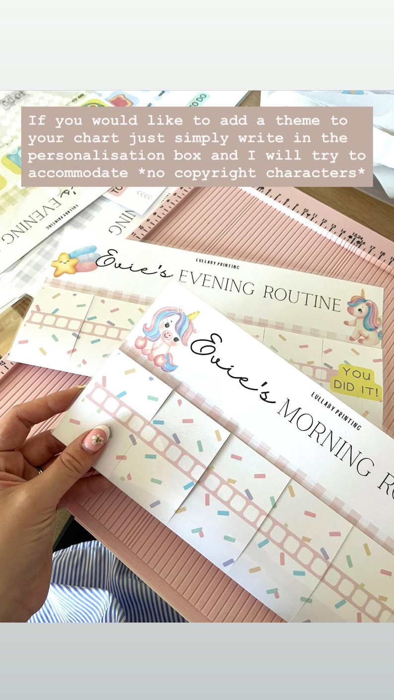 May include: A set of printed routine charts featuring a unicorn graphic, pastel confetti patterns, and the text Evie's Morning Routine and Evie's Evening Routine. The charts include interactive flaps and a You Did It label by Lullaby Printing.