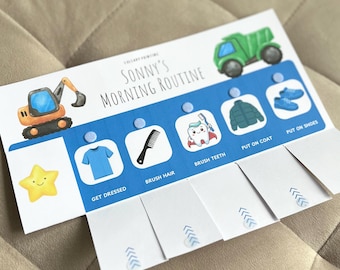 Könnte beinhalten: Ein weiß-blaues Morgenroutine-Diagramm mit dem Titel Sonny's Morning Routine, das Illustrationen eines Baufahrzeugs, eines Muldenkippers und eines gelben Sterns zeigt. Es enthält fünf Aufgaben-Icons mit den Beschriftungen: Get Dressed, Brush Hair, Brush Teeth, Put On Coat, Put On Shoes.