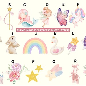 May include: A collection of watercolor illustrations labeled A through S, featuring a ballerina, magic wands, mermaid, fairy, butterfly, unicorn, crown, pony, rabbit, rainbow, swan, purple-haired fairy, castle, flowers, stars, and ballet slippers.
