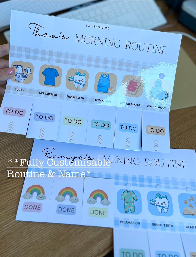 fully customisable children’s routine morning and evening chart with flip design when task is done. gingham print with chosen themes such as unicorns, dinosaurs, space, fairies, princesses, pastel colours, horses, rainbows, football, trucks, cars. kids routine great for back to school and morning organisation