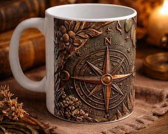 Vintage Compass Floral design Mug | Nature Lover Boho Mug, Botanical Insulated Flask, Wanderlust Gift for Her