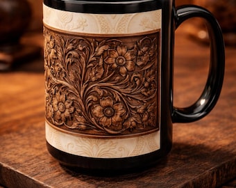 Rustic Floral Carved Mug, Vintage Wood Carving Style Coffee Mug, 11oz Black Ceramic Mug, Boho Rustic Kitchen Decor Gift, Embossed Floral Mug