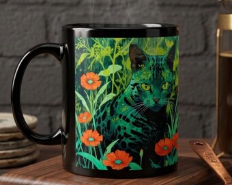 Artistic Green Cat Mug, Painterly Floral Jungle Wildlife Coffee Cup