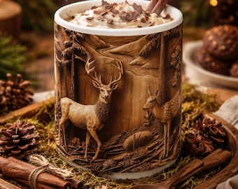 Rustic Deer Mug, Woodland Forest Coffee Cup, Personalized Nature Mug, Hunting Gift, Cabin Decor Cup
