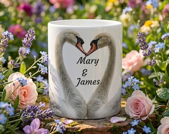 Custom Wedding Gift Mug for Couple, Personalized Swan Heart Coffee Cup with Names
