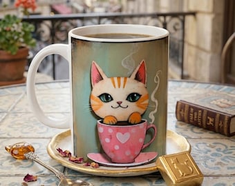 Cute Ginger Cat in Pink Teacup Coffee Mug, Kawaii Aesthetic Kitten Art Ceramic Cup, Unique Gift for Cat Lovers