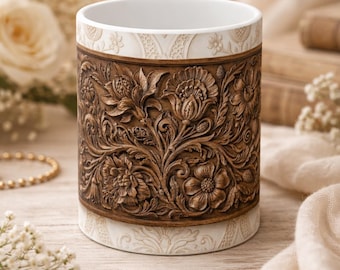 Carved Floral Panel Mug | Faux Wood Carved Floral Cup | 3D Effect Botanical Coffee Cup | Rustic Cottagecore Tea Mug