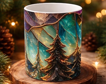 3D Crystal Stained Glass Mug, Mountain Sunset Art Coffee Cup, Handmade Style Nature Mug, Colorful Forest