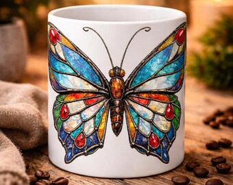Colorful Butterfly Coffee Cup, Boho Rustic Gift, Nature Art Ceramic Mug, Handmade Style Butterfly Design