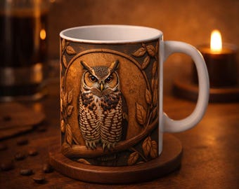 Vintage Carved Owl Mug | Rustic Owl Coffee Mug, Woodland Owl Mug, Nature Animal Coffee Cup, Forest Owl Mug