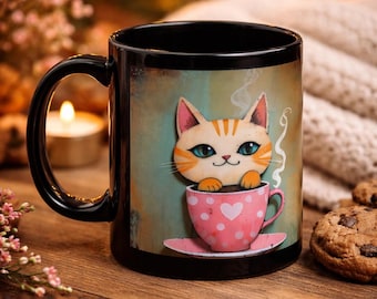 Cute Cat Coffee Mug, Kawaii Kitten Cup, Cat Lover Gift, Funny Animal Mug, Cozy Aesthetic Tea Cup, Cute Kitty Gift