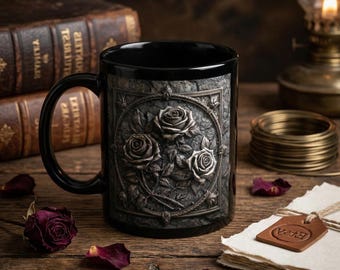 Personalized Gothic Rose Mug, Custom Name Coffee Mug, Dark Floral Gothic Coffee Cup, Unique Rose Gift, Gothic Aesthetic Mug